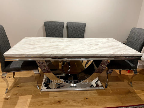 White Arial Dining Table With Dark Grey Leather Nicole Chairs
