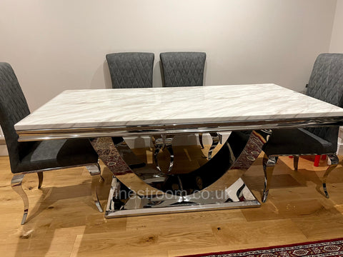 White Arial Dining Table With Dark Grey Leather Nicole Chairs