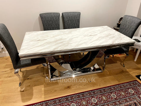 White Arial Dining Table With Dark Grey Leather Nicole Chairs