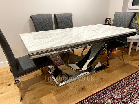 White Arial Dining Table With Dark Grey Leather Nicole Chairs