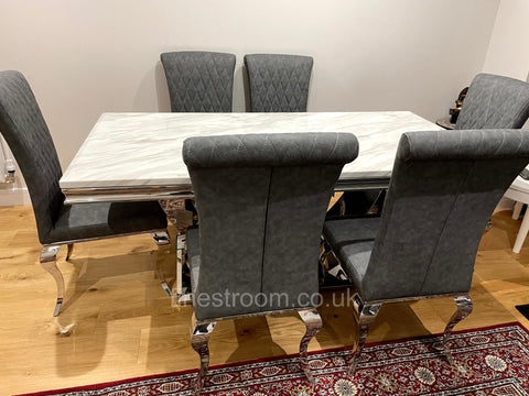 White Arial Dining Table With Dark Grey Leather Nicole Chairs