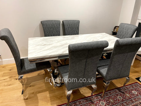 White Arial Dining Table With Dark Grey Leather Nicole Chairs