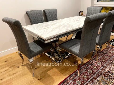 White Arial Dining Table With Dark Grey Leather Nicole Chairs
