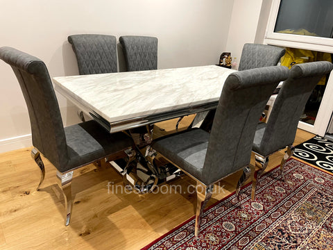 White Arial Dining Table With Dark Grey Leather Nicole Chairs