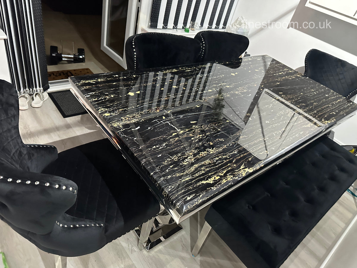 Black Ariana Dining Table With Black Valentino Chairs & Bench