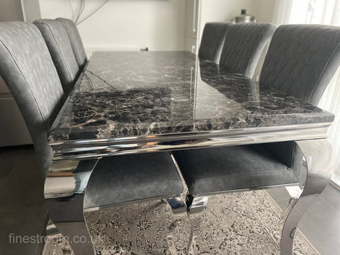 Black Louis Dining Table with Dark Grey Leather Nicole Chairs