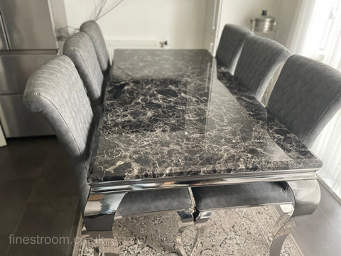 Black Louis Dining Table with Dark Grey Leather Nicole Chairs