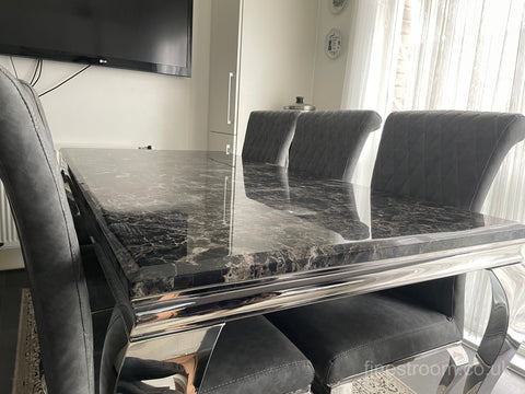 Black Louis Dining Table with Dark Grey Leather Nicole Chairs