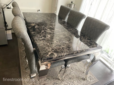 Black Louis Dining Table with Dark Grey Leather Nicole Chairs