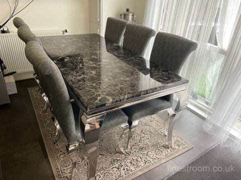Black Louis Dining Table with Dark Grey Leather Nicole Chairs
