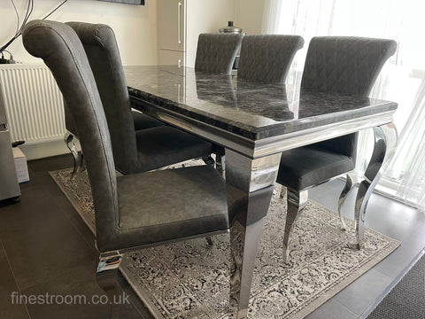 Black Louis Dining Table with Dark Grey Leather Nicole Chairs