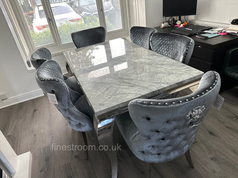 Grey Louis Dining Table With Chelsea Silver Shimmer Chairs