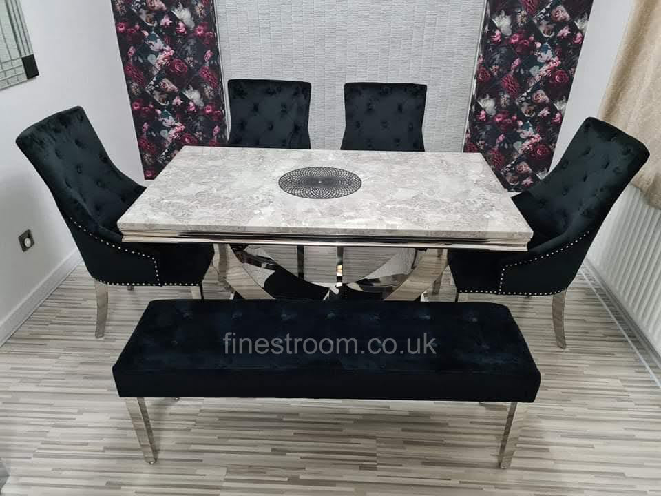 Grey Arial Dining Table with Black Majestic Chairs & Bench