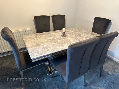 Grey Arial Dining Table With Dark Grey Velvet Nicole Chairs