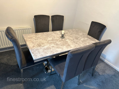 Grey Arial Dining Table With Dark Grey Velvet Nicole Chairs
