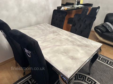White Louis Dining Table With Black Sofia Chairs