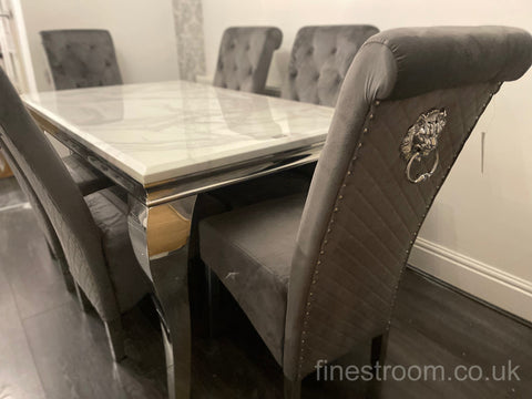 White Louis Dining Table With Dark Grey Sofia Chairs