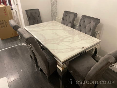 White Louis Dining Table With Dark Grey Sofia Chairs