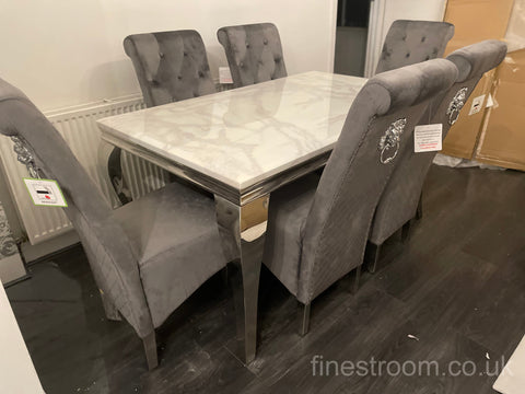 White Louis Dining Table With Dark Grey Sofia Chairs