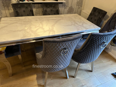 White Louis Dining Table With Dark Grey Round Knocker Majestic Chairs