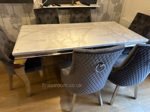 White Louis Dining Table With Dark Grey Round Knocker Majestic Chairs