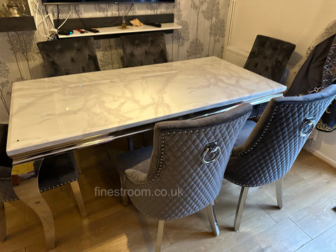 White Louis Dining Table With Dark Grey Round Knocker Majestic Chairs