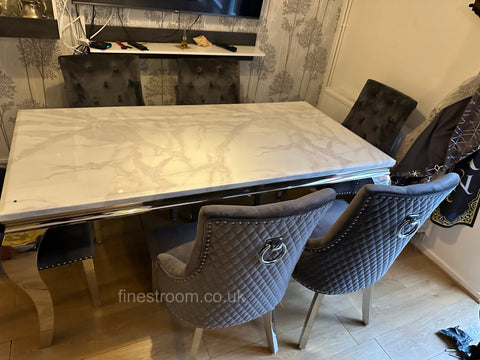 White Louis Dining Table With Dark Grey Round Knocker Majestic Chairs