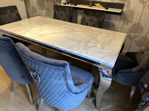 White Louis Dining Table With Dark Grey Round Knocker Majestic Chairs