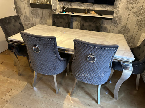 White Louis Dining Table With Dark Grey Round Knocker Majestic Chairs