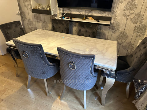 White Louis Dining Table With Dark Grey Round Knocker Majestic Chairs