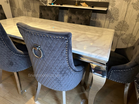White Louis Dining Table With Dark Grey Round Knocker Majestic Chairs