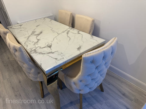 White Gold Louis Dining Table With Cream Gold Kensington Chairs