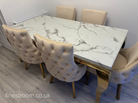 White Gold Louis Dining Table With Cream Gold Kensington Chairs