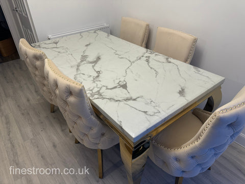 White Gold Louis Dining Table With Cream Gold Kensington Chairs