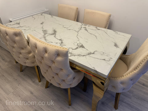 White Gold Louis Dining Table With Cream Gold Kensington Chairs