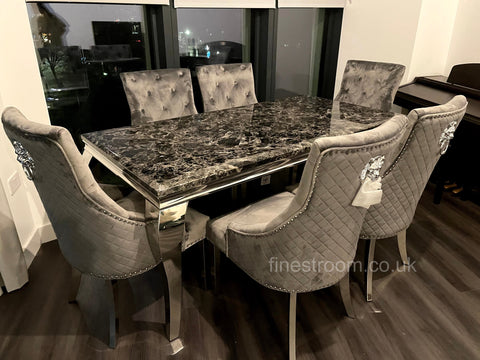 Black Louis Dining Table With Dark Grey Majestic Chairs