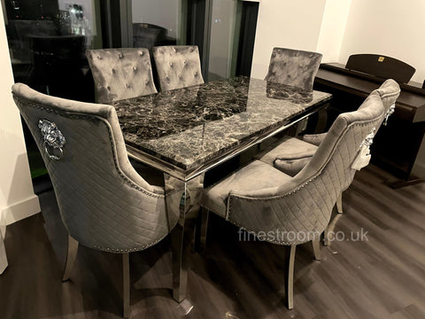 Black Louis Dining Table With Dark Grey Majestic Chairs