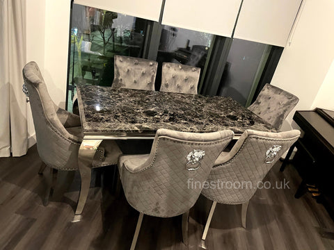Black Louis Dining Table With Dark Grey Majestic Chairs