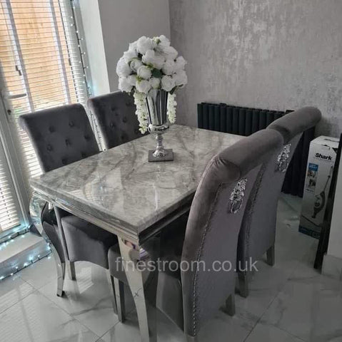 Grey Louis Chrome Dining Table with Dark Grey Sofia Chairs