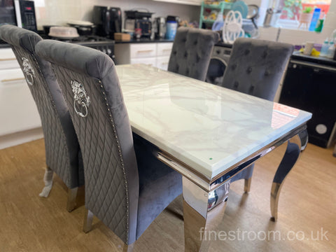 White Louis Dining Table With Dark Grey Sofia Chairs