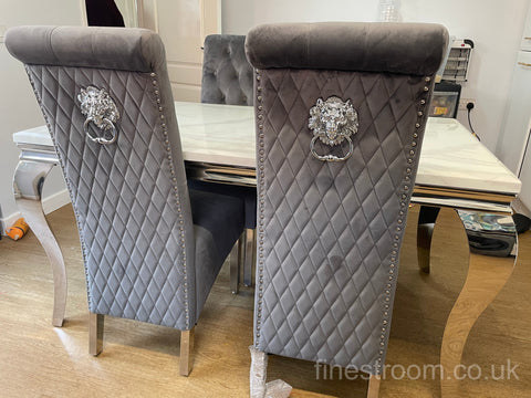 White Louis Dining Table With Dark Grey Sofia Chairs