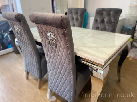 White Louis Dining Table With Dark Grey Sofia Chairs