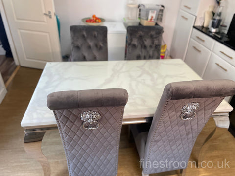 White Louis Dining Table With Dark Grey Sofia Chairs