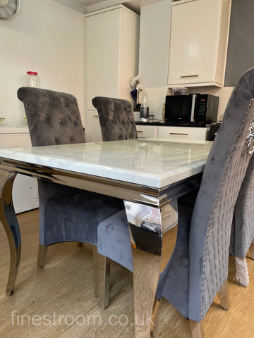 White Louis Dining Table With Dark Grey Sofia Chairs
