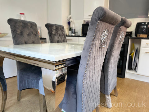 White Louis Dining Table With Dark Grey Sofia Chairs