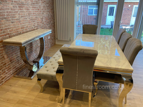 White Louis Dining Table With Light Grey Nicole Chairs & Bench