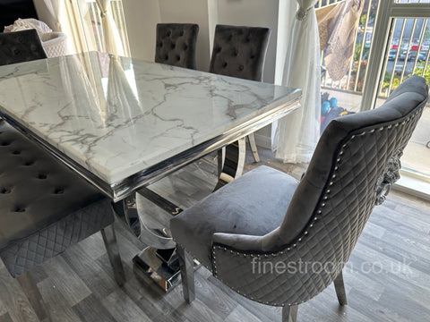White Ariana Dining Table With Dark Grey Majestic Chairs & Bench