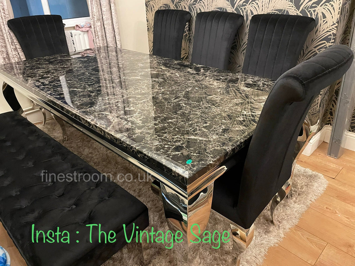 Black Louis Dining Table With Black Nicole Chairs & Majestic Bench