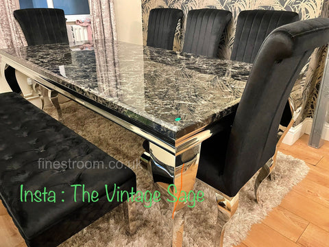 Black Louis Dining Table With Black Nicole Chairs & Majestic Bench