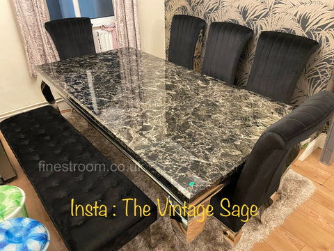 Black Louis Dining Table With Black Nicole Chairs & Majestic Bench